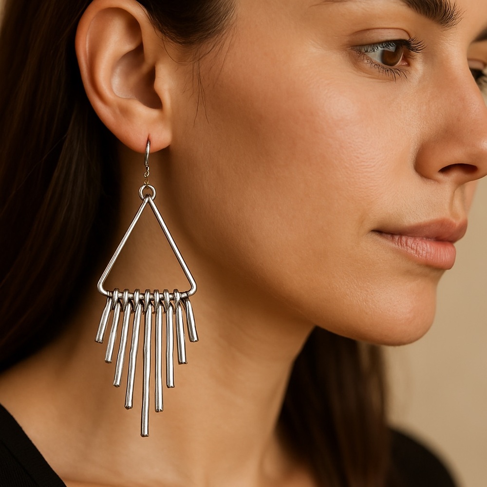 Triangle Dangle Earrings hook pierced silvertone metal 3” long